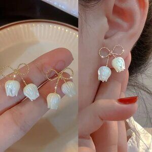 Cute Enamel Korean Style Bow Tie Design Pink Floral Tulip Studs Fashion Earrings